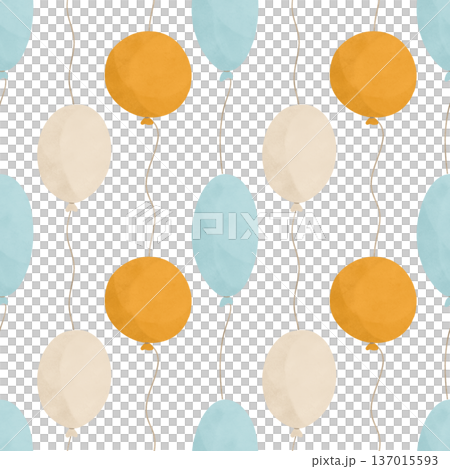 Balloons, a handdrawn watercolor, pastel. Seamless pattern. Flat style design element. In pastel shades of yellow, blue, beige. A children's drawing 137015593
