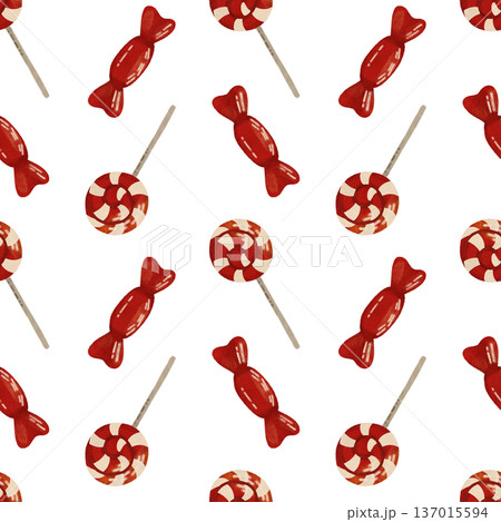 A festive seamless pattern with a lollipop, candy. In flat style. Watercolor, pastel, gouache. In red tones. Design element for products, prints 137015594