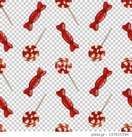 A festive seamless pattern with a lollipop, candy. In flat style. Watercolor, pastel, gouache. In red tones. Design element for products, prints 137015594
