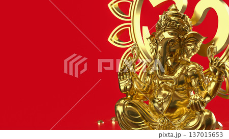 Golden Ganesha with Om Symbol on Red 3d render. 137015653