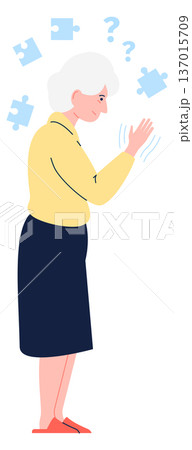 Puzzled woman with memory loss and cognitive problem symptoms 137015709
