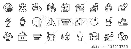 Latte, Coffee shop and Ice cream line icons pack. Share, Message, Paper plane icons. Frying pan, Salad, Food donation web icon. Gluten free, Food order, Dishes pictogram. Vector 137015726