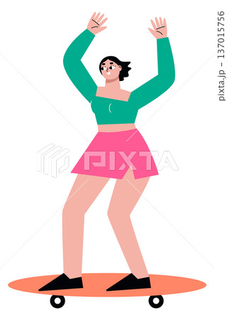 Happy woman on skateboard. Extreme street sport character Happy woman on skateboard. Extreme street sport character 137015756