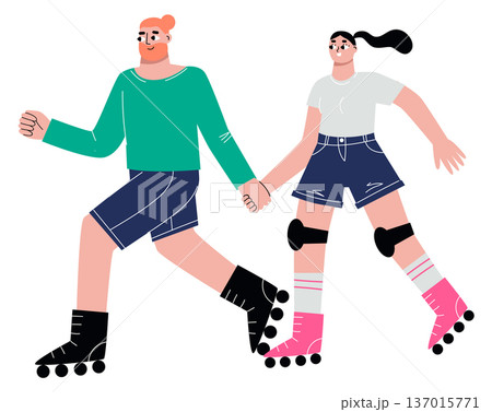 Couple roller skating together. Color outdoor park character Couple roller skating together. Color outdoor park character 137015771
