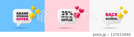 Discount chat speech bubble. 3d stars, sparkles, hearts chat bubbles. 35 percent discount offer tag. Sale price promo sign. Special offer symbol. Final sale, Back to school tag. Vector Discount chat speech bubble. 3d stars, sparkles, hearts chat bubbles. 35 percent discount offer tag. Sale price promo sign. Special offer symbol. Final sale, Back to school tag. Vector 137015840