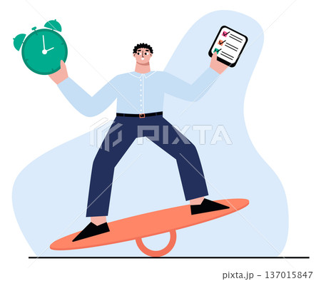 Time organization. Man balancing with plans and tasks color icon Time organization. Man balancing with plans and tasks color icon 137015847