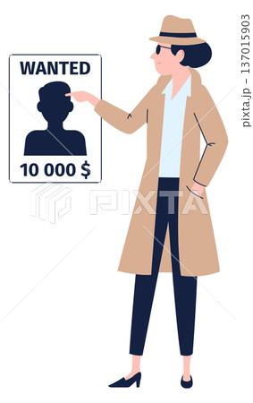 Investigator woman look for wanted criminal. Cartoon character 137015903