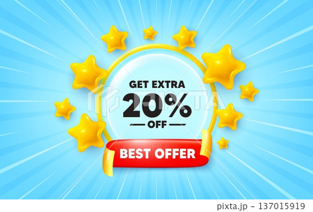 Extra discount sunburst ray banner. Best offer flag ribbon. Get Extra 20 percent off Sale. Discount offer price sign. Special offer symbol. Save 20 percentages. 3d stars glitter. Vector Extra discount sunburst ray banner. Best offer flag ribbon. Get Extra 20 percent off Sale. Discount offer price sign. Special offer symbol. Save 20 percentages. 3d stars glitter. Vector 137015919