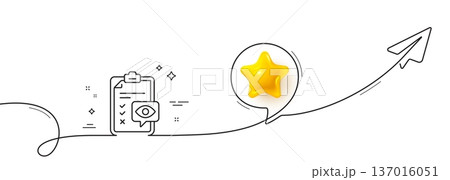Eye checklist line icon. Continuous line with share plane. Oculist clinic sign. Optometry vision check symbol. 3d star in speech bubble. Eye checklist single line ribbon. Loop curve pattern. Vector 137016051