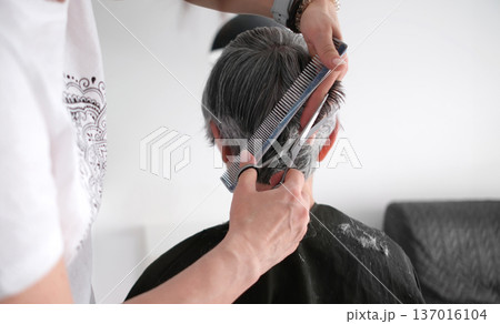 Hairdresser Trimming Elderly Woman'S Gray Hair At Home Hairdresser Trimming Elderly Woman'S Gray Hair At Home 137016104