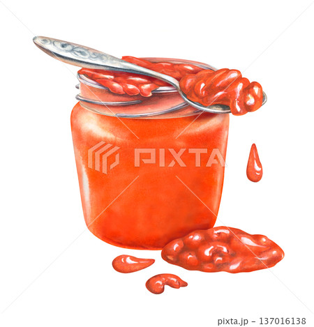 Watercolor illustration of apricot jam in a glass jar with silver spoon with jam isolated on white background for packaging design, jam label, organic product branding, bakery menu, healthy food Watercolor illustration of apricot jam in a glass jar with silver spoon with jam isolated on white background for packaging design, jam label, organic product branding, bakery menu, healthy food 137016138