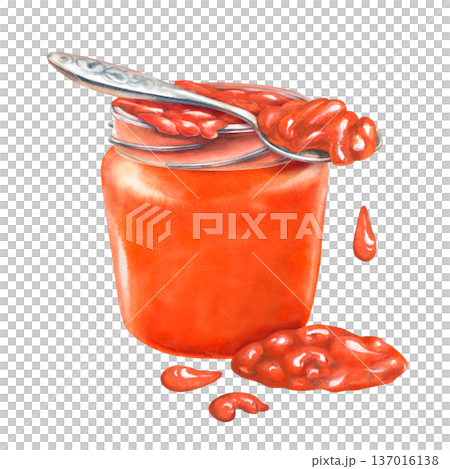 Watercolor illustration of apricot jam in a glass jar with silver spoon with jam isolated on white background for packaging design, jam label, organic product branding, bakery menu, healthy food Watercolor illustration of apricot jam in a glass jar with silver spoon with jam isolated on white background for packaging design, jam label, organic product branding, bakery menu, healthy food 137016138