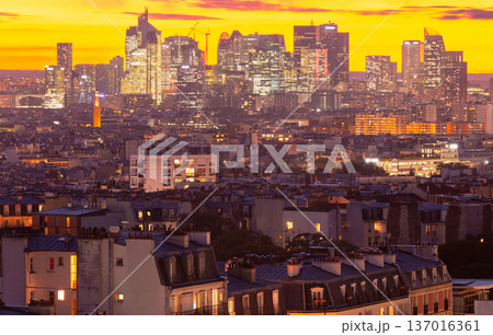Aerial panoramic view over Paris rooftops at sunrise 137016361