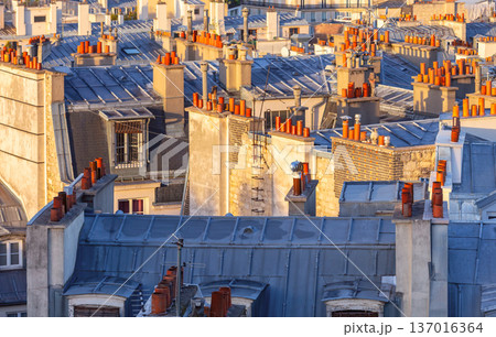 Clay rooftop chimneys with metal caps in warm morning light Clay rooftop chimneys with metal caps in warm morning light 137016364