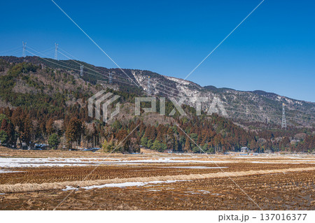 浅春の奥琵琶湖の田園風景　滋賀県長浜市永原 137016377