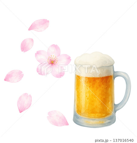 桜の花びらとビールジョッキ 水彩イラスト 春の乾杯 切り抜きPNG素材 137016540