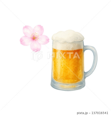 桜一輪とビールジョッキ 水彩イラスト 春の乾杯 シンプル切り抜きPNG 137016541