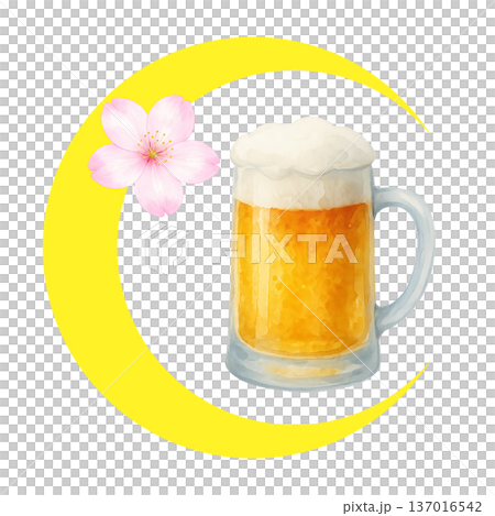 新月、櫻花和啤酒杯水彩插畫，夜櫻賞櫻摳圖PNG素材 137016542