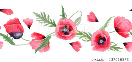 Red poppy floral seamless border, blooming flowers, bud, leaves isolated on white, hand-painted watercolor botanical illustration, perfect for wedding stationery, packaging, greeting cards, branding 137016578