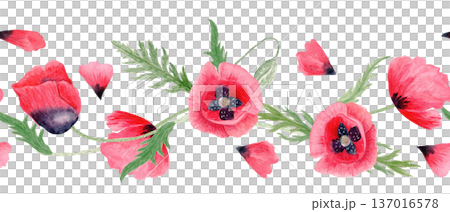 Red poppy floral seamless border, blooming flowers, bud, leaves isolated on white, hand-painted watercolor botanical illustration, perfect for wedding stationery, packaging, greeting cards, branding 137016578
