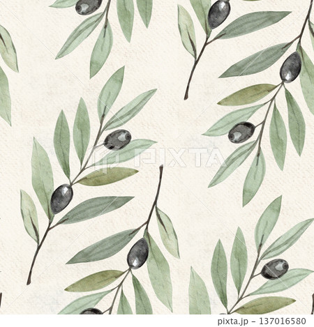 Seamless olive branch watercolor pattern on warm beige textured paper background. Christian symbol of Lent, Palm Sunday for church stationery, invitations, religious posters and calm spiritual designs 137016580