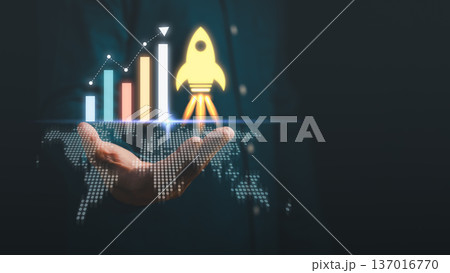 A growth chart and rocket icon rising above a digital world map, symbolizing business expansion, startup innovation, global success, financial growth, technology progress, and strategic development. 137016770