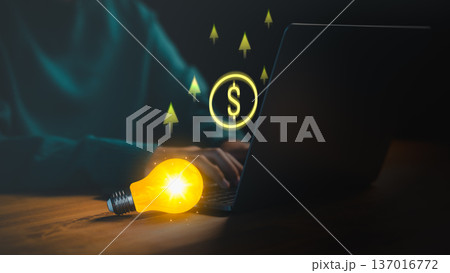A glowing lightbulb beside a laptop symbolizes creativity, innovation, and online income growth, with digital dollar icons and upward arrows representing business ideas, and financial success. A glowing lightbulb beside a laptop symbolizes creativity, innovation, and online income growth, with digital dollar icons and upward arrows representing business ideas, and financial success. 137016772
