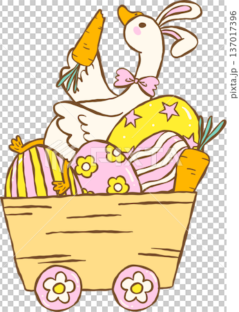 Cute Easter Silly Goose Bunny Enjoying Carrot in Easter Eggs Cart Cartoon Hand Drawn Cute Easter Silly Goose Bunny Enjoying Carrot in Easter Eggs Cart Cartoon Hand Drawn 137017396