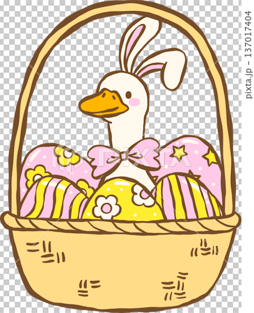 Cute Easter Silly Goose Bunny  Ears in Easter Egg Basket Cartoon Hand Drawn 137017404