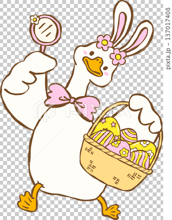 Cute Easter Silly Goose Bunny  Ears Hunting Easter Eggs with Basket Cartoon Hand Drawn 137017408
