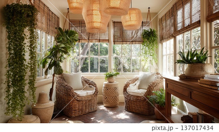 Relaxing Sunroom Interior with Rattan Furniture Plants Relaxing Sunroom Interior with Rattan Furniture Plants 137017434