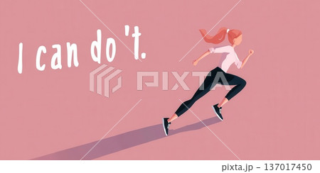 Running Woman with Inspirational Phrase on Pink Background 137017450