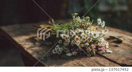 Rustic Daisy Bouquet on Wooden Table Floral Still Life Rustic Daisy Bouquet on Wooden Table Floral Still Life 137017452