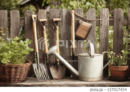 Rustic Garden Tools and Plants Against Wooden Fence Rustic Garden Tools and Plants Against Wooden Fence 137017454
