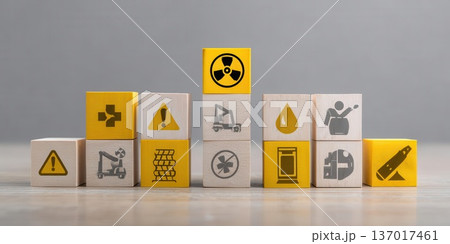 Safety and Hazard Icons on Wooden Cubes Concept Safety and Hazard Icons on Wooden Cubes Concept 137017461