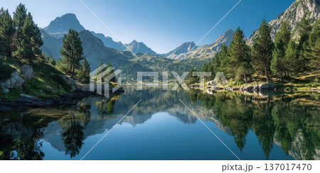 Scenic Mountain Lake Landscape Reflecting Trees and Peaks Scenic Mountain Lake Landscape Reflecting Trees and Peaks 137017470