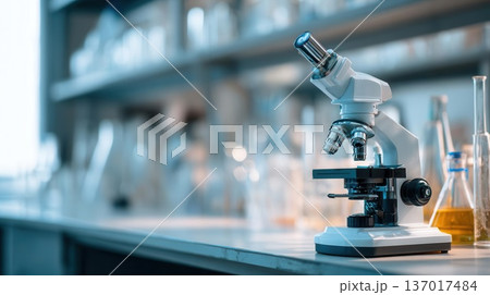 Scientific Microscope in Lab with Test Tubes and Bottles Scientific Microscope in Lab with Test Tubes and Bottles 137017484