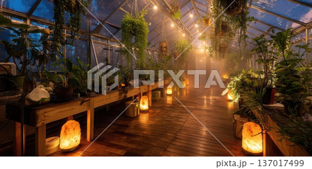 Serene Greenhouse Interior Warm Glowing Lights, Lush Plants, Tranquility 137017499