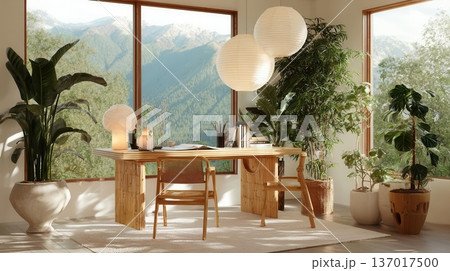 Serene Home Office with Plants, Mountain View, and Modern Decor 137017500
