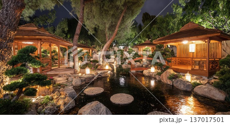 Serene Japanese Garden at Night Tranquil Landscape with Pagodas 137017501