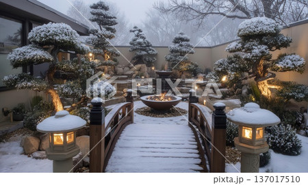 Serene Winter Japanese Garden with Snow and Fire Pit 137017510