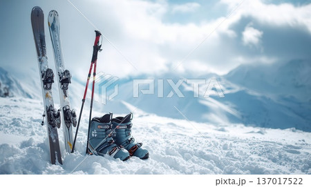 Ski Equipment in Snowy Mountains Winter Sports Image 137017522