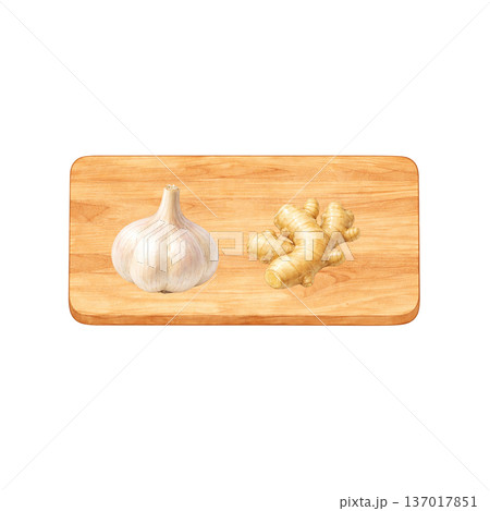 にんにくと生姜と木製まな板 水彩シンプル 横構図 切り抜きPNG 137017851