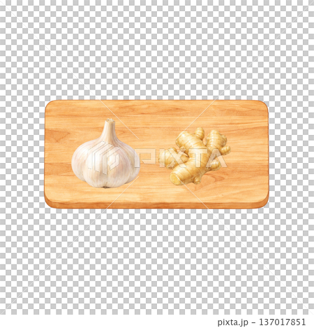 にんにくと生姜と木製まな板 水彩シンプル 横構図 切り抜きPNG 137017851