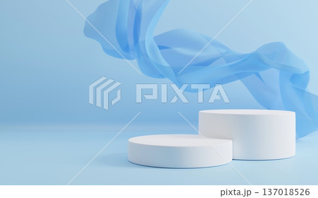 Minimal podium with flowing blue silk fabric and empty space for product placement with copy space Ideal for cosmetic, skincare, or jewelry advertising background 3D render 137018526