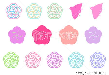 カラフルな梅結びの水引と千鳥と梅のイラストセット　梅結び　ベクター背景素材 137018536