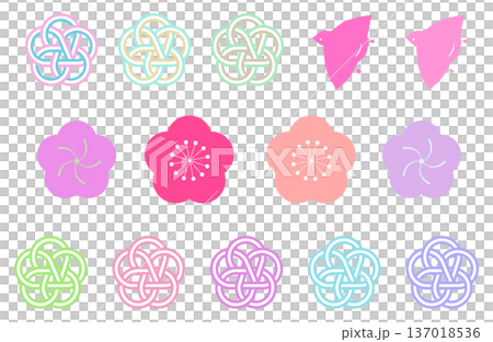 カラフルな梅結びの水引と千鳥と梅のイラストセット　梅結び　ベクター背景素材 137018536