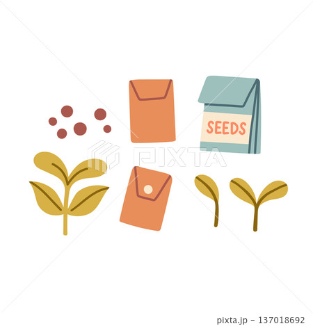 Flat vector seed packets, seeds and green sprouts collection. Minimal gardening elements isolated on light background, ideal for farming, planting and spring growth concepts Flat vector seed packets, seeds and green sprouts collection. Minimal gardening elements isolated on light background, ideal for farming, planting and spring growth concepts 137018692
