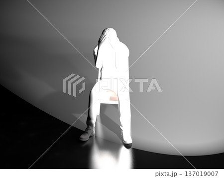 椅子に座り頭を抱えて悩む男性のシルエット　3Dイラストレーション 137019007