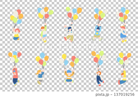 風船につかまって飛ぶこども達のフラットなイラスト（セット） 137019256